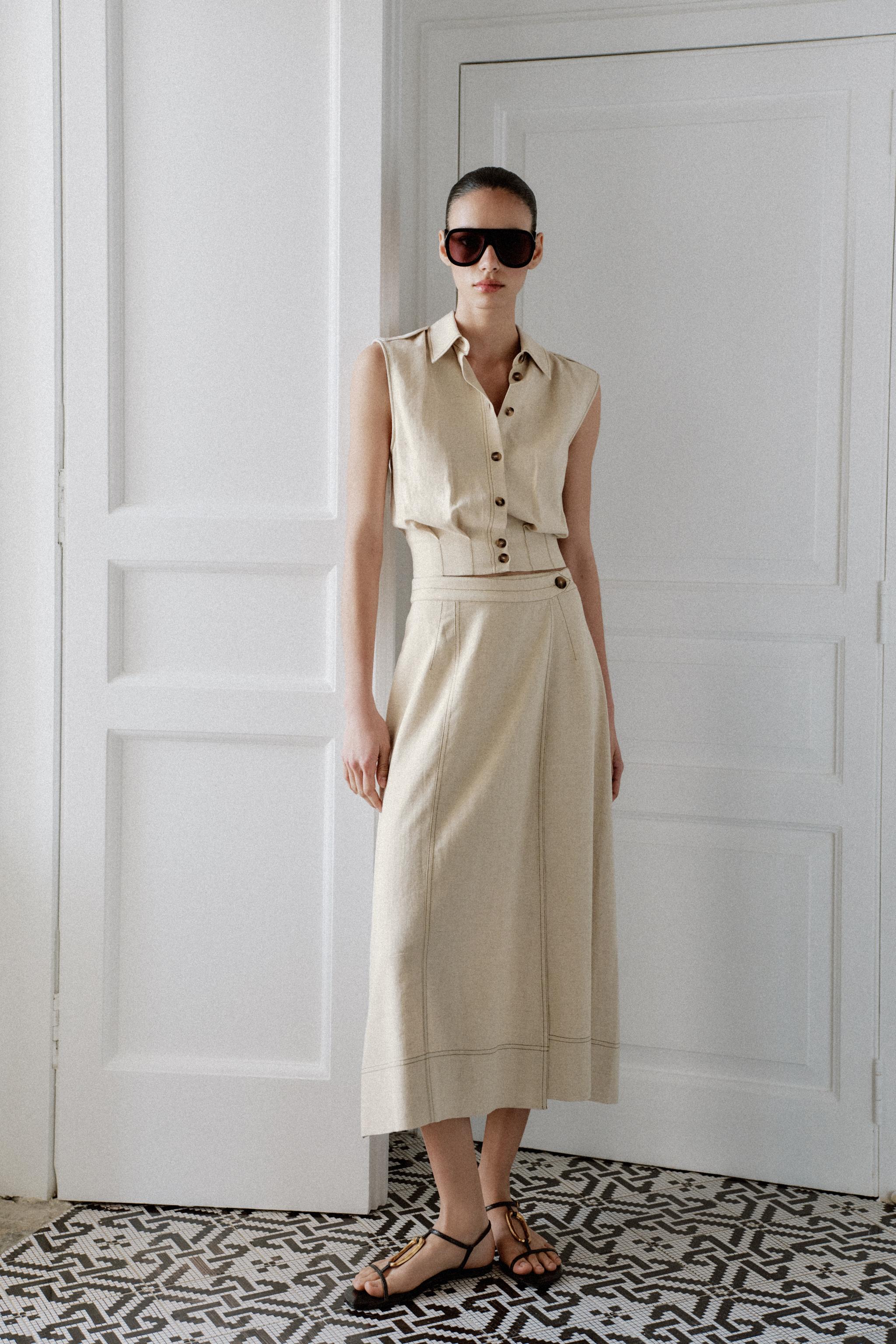 LINEN BLEND WRAP MIDI SKIRT